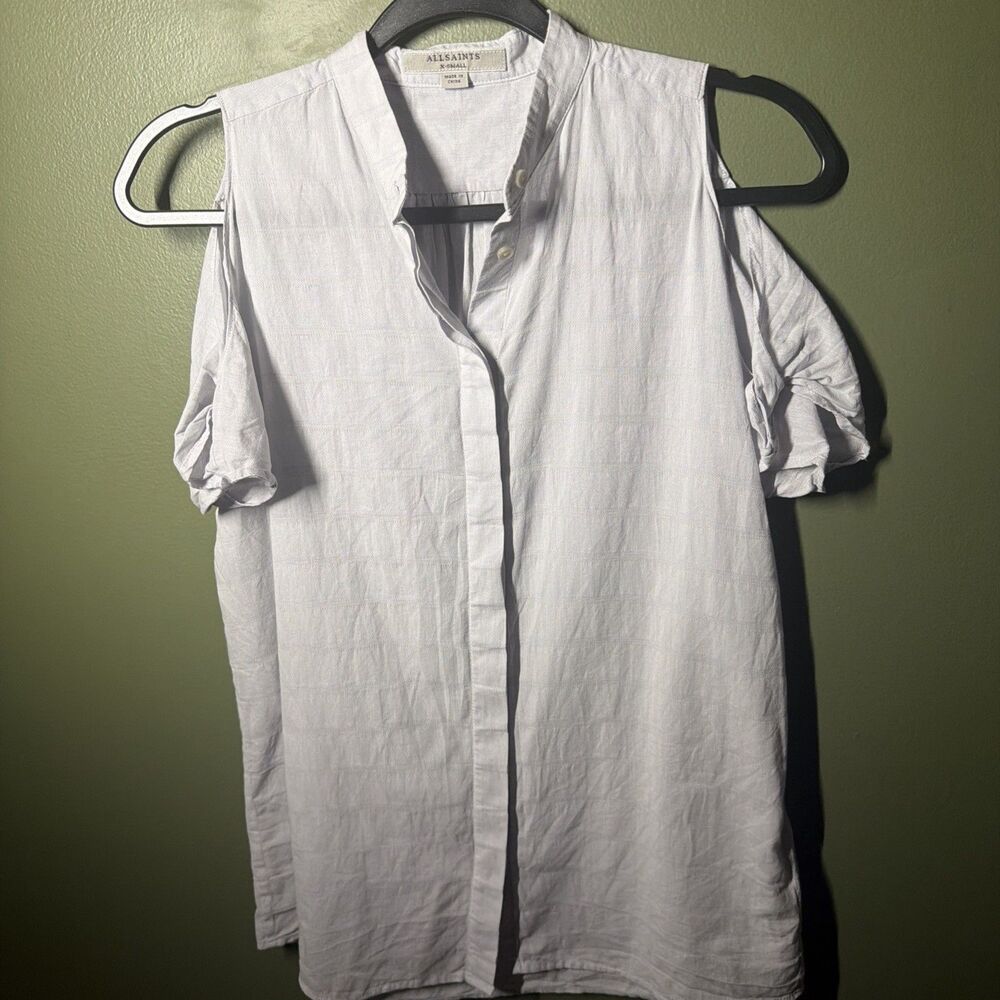 AllSaints White Irie Cold Shoulder Cotton Button Down Shirt Blouse Top XS Blue